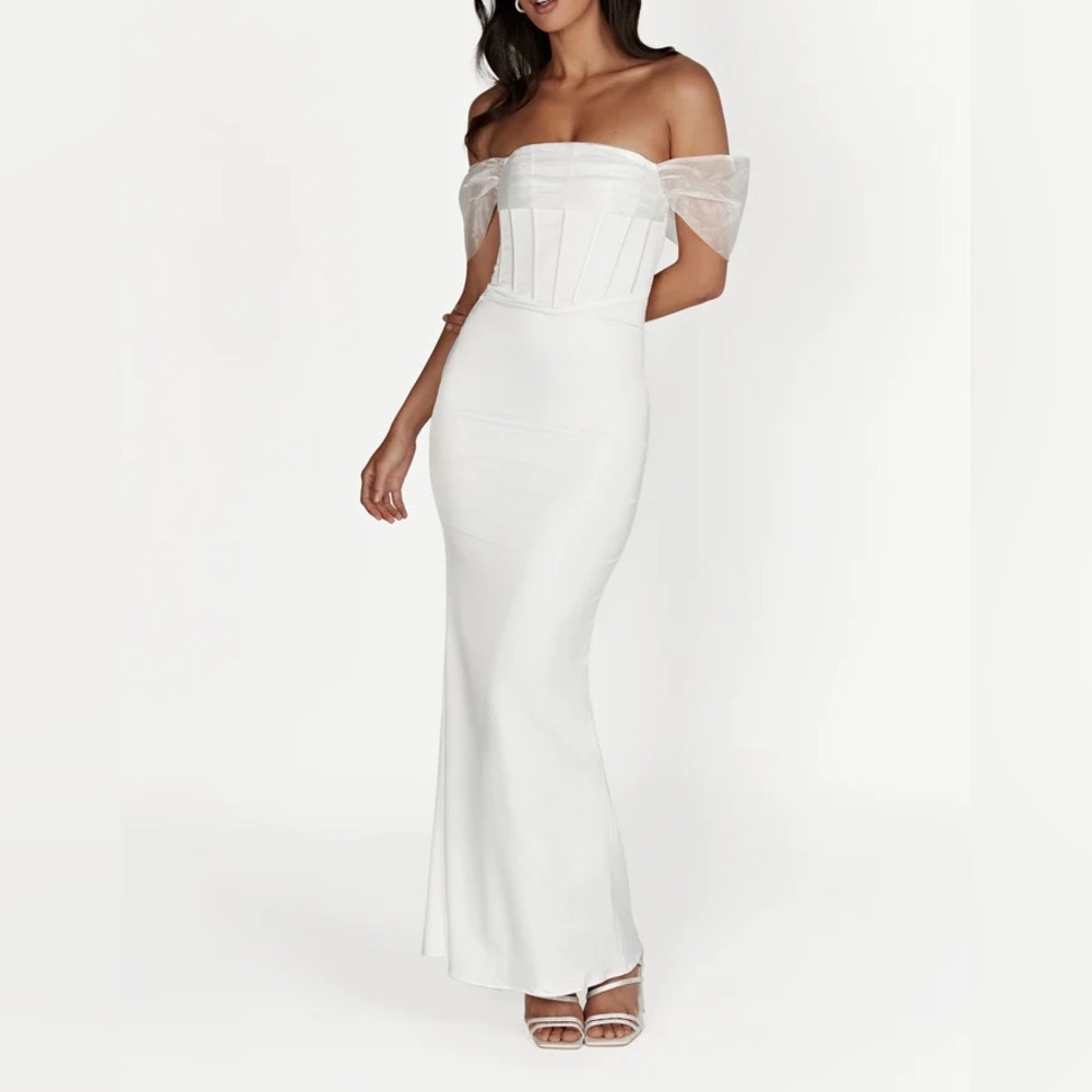 Meshki White Puff Sleeve Off-Shoulder Gown